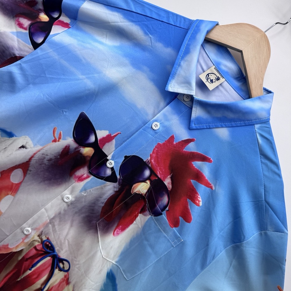 Hardaddy Men's Large Blue Chicken Rooster Beach Bikini Novelty Aloha Shirt L